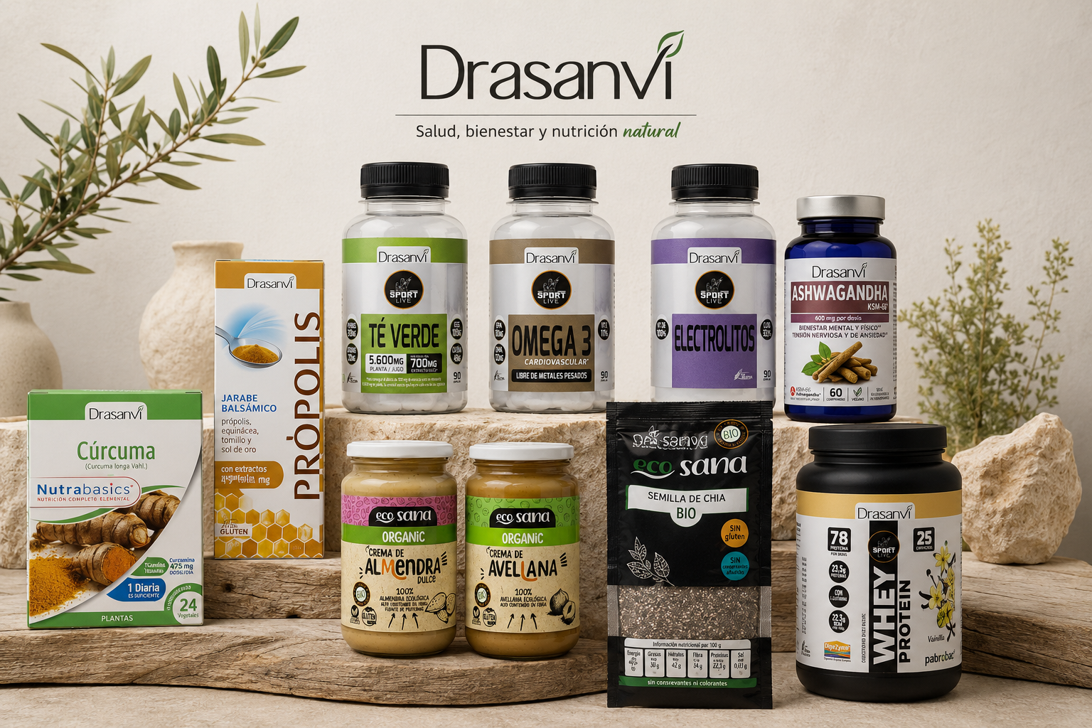 Gama completa Drasanvi: Propolis, Té Verde, Omega 3, Electrolitos, Ashwagandha, Whey Protein y Eco Sana
