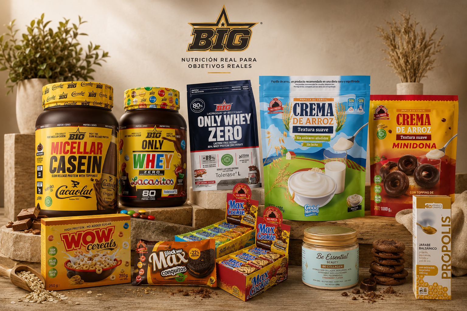 Composición de productos BIG: Micellar Casein, Only Whey Zero Lacasitos, Crema de Arroz, WOW Cereals, Max Cookie, Black Max Conquitos, Be Essential Collagen y Propolis