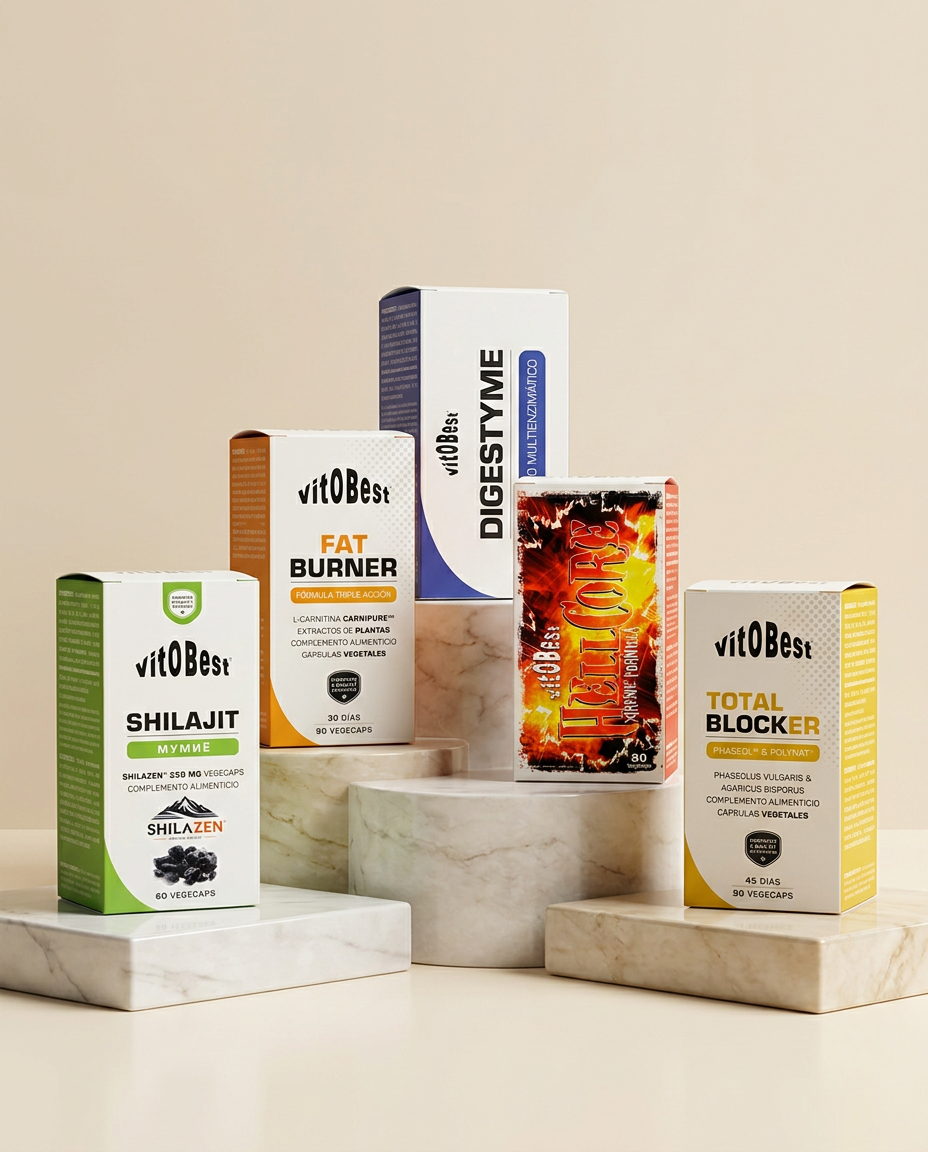 Composición editorial de productos vitOBest sobre mármol