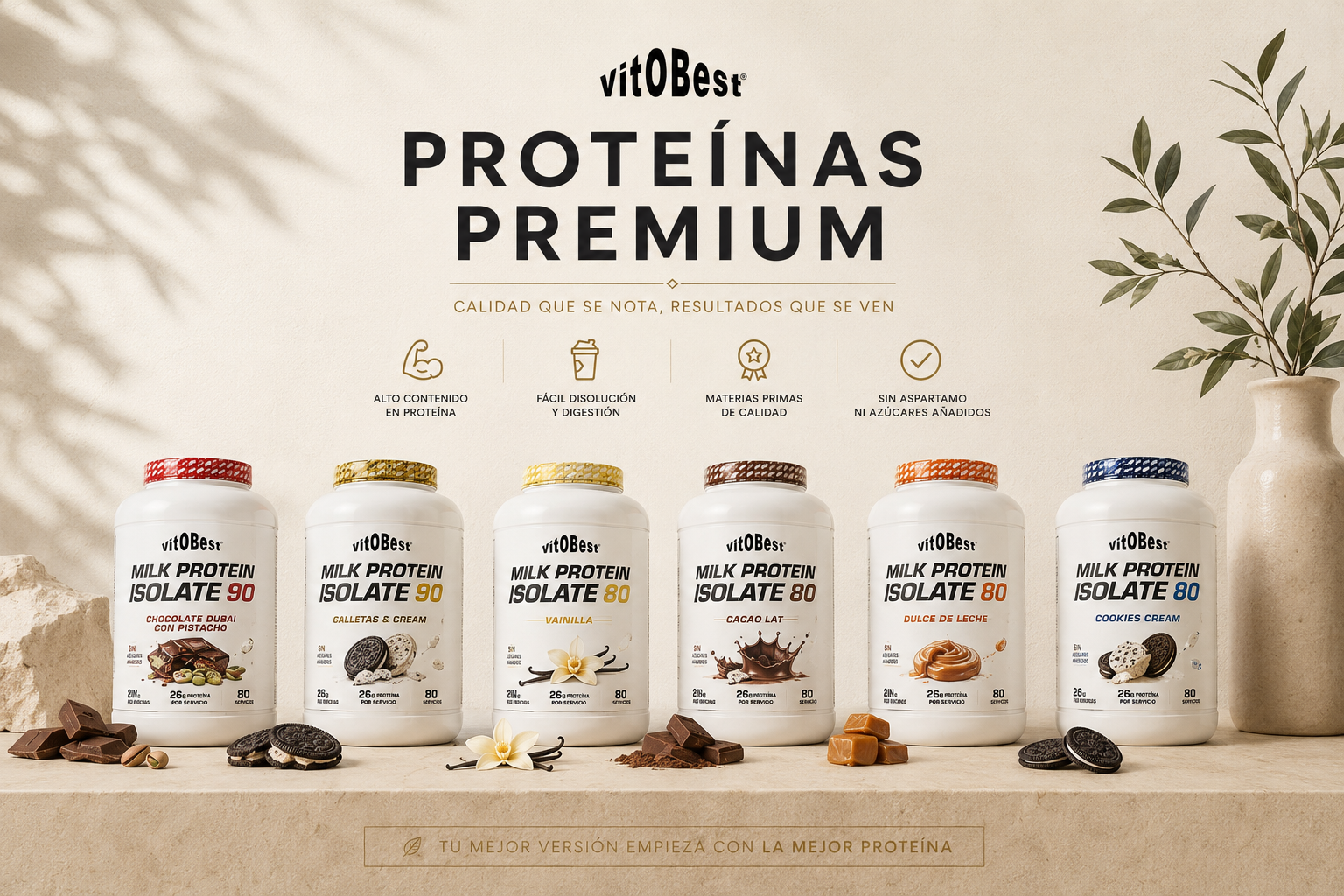 Gama vitOBest Proteínas Premium: Milk Protein Isolate en sabores variados